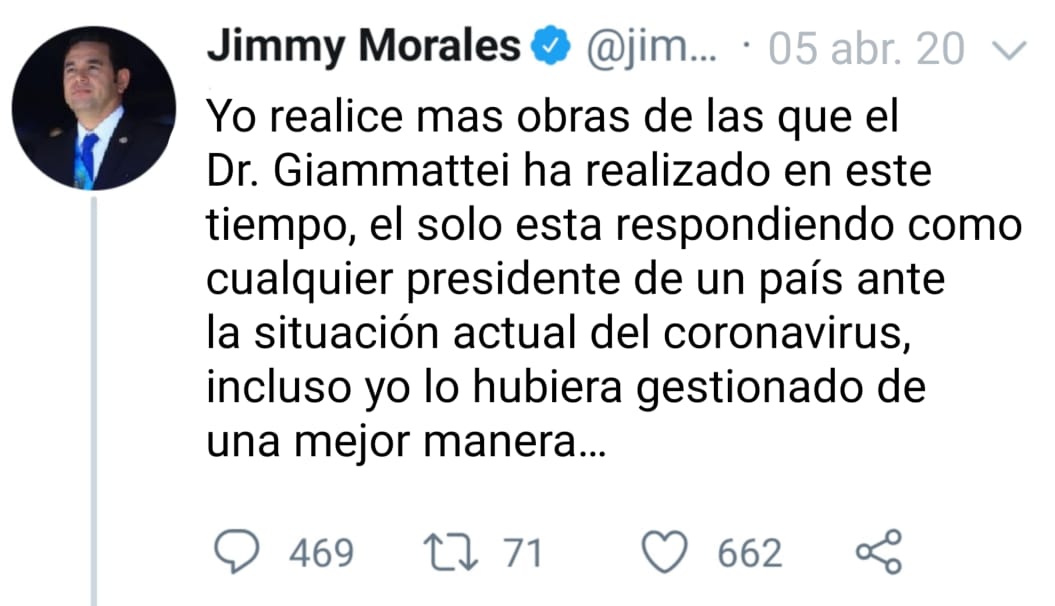 Esto escribió Jimmy Morales del presidente Giammattei en su cuenta de Twitter