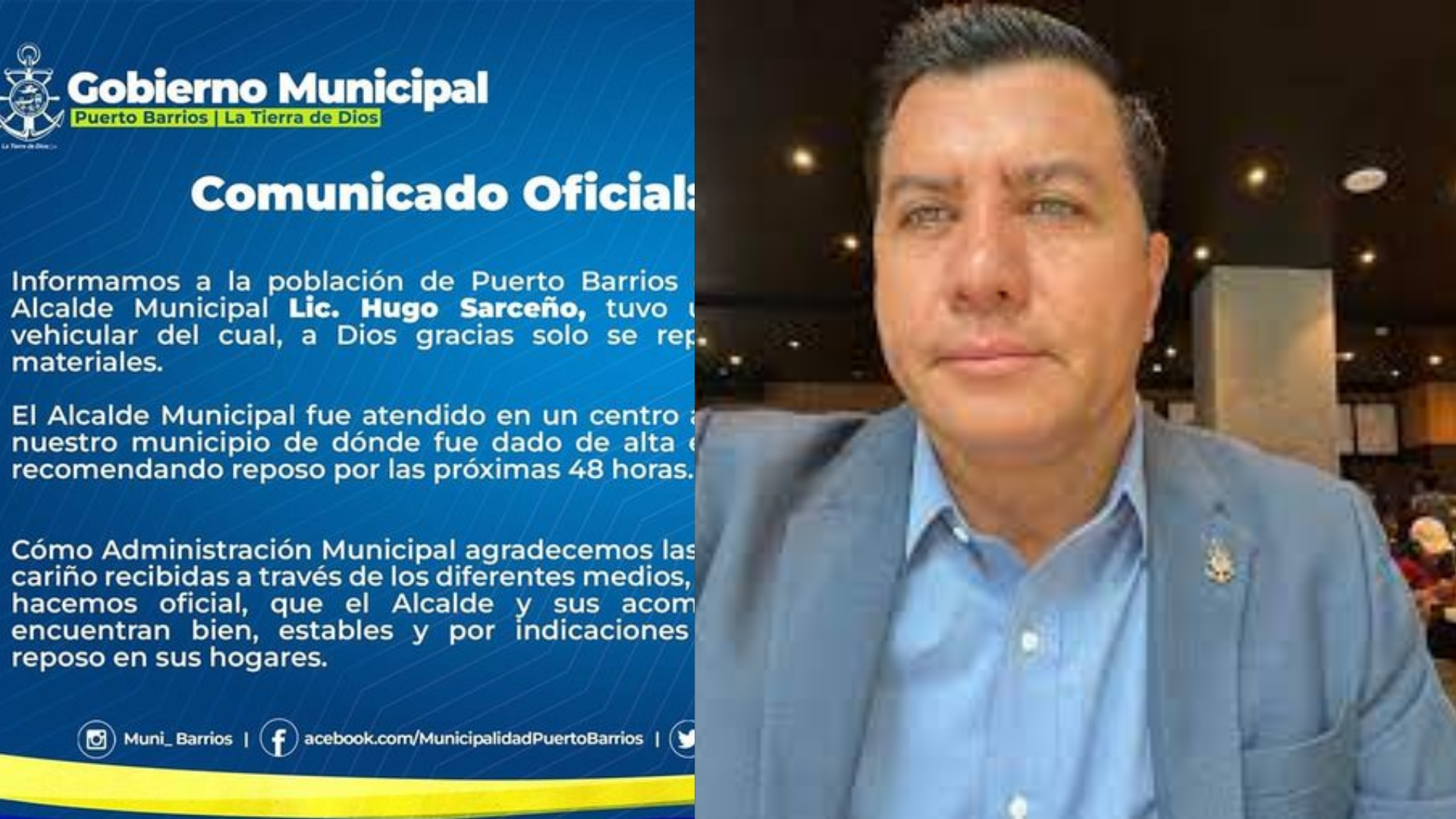 Alcalde Hugo Sarceño sufre accidente según comunicado oficial de la municipalidad.