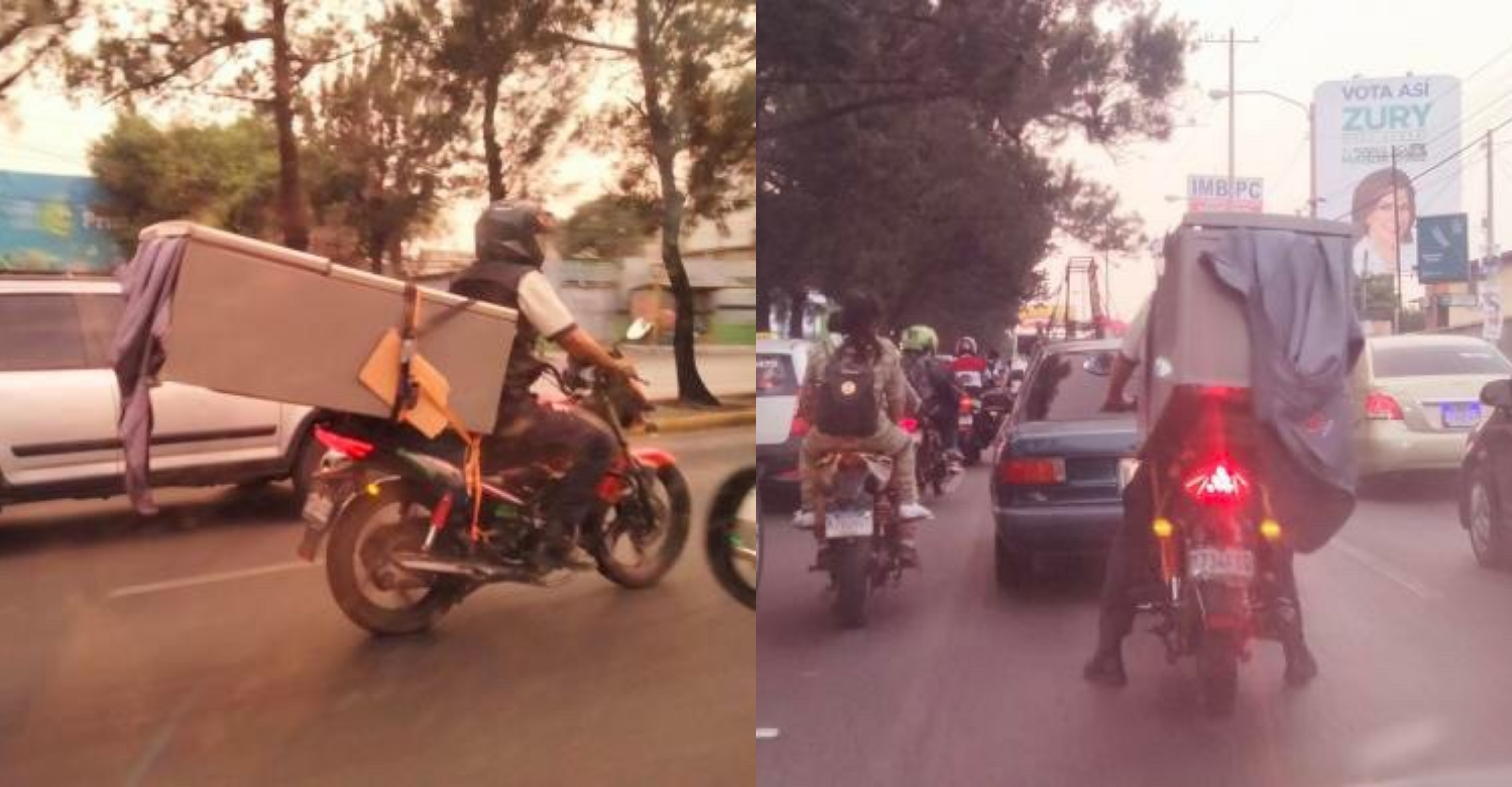 Así trasladan un refrigerador en la Calzada San Juan de Guatemala