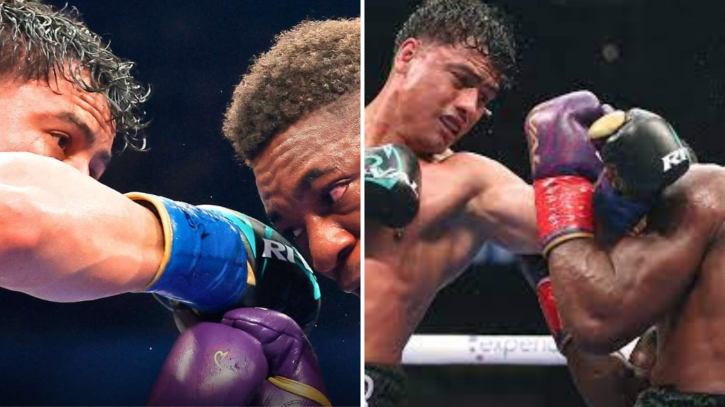 Léster Martínez levantando los brazos tras su pelea en Las Vegas, reflejando el aumento de su valor de mercado en el boxeo.
