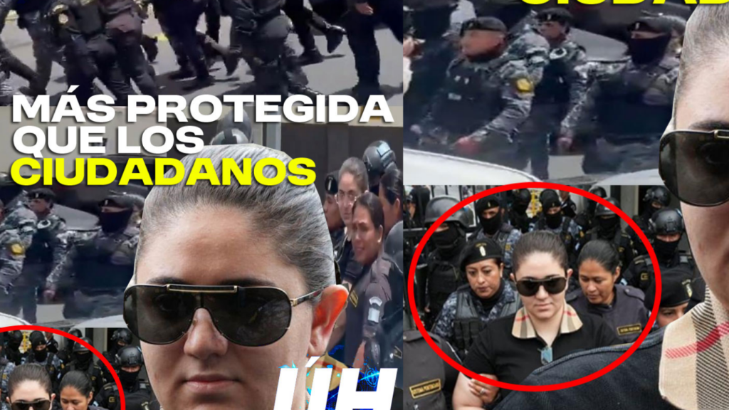 María Fernanda Bonilla rodeada de agentes en su salida de la Torre de Tribunales en Guatemala.