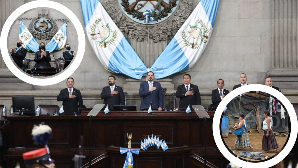 Un diputado del Congreso de Guatemala durante una sesión, contrastando con una familia guatemalteca que prepara comida con recursos limitados.