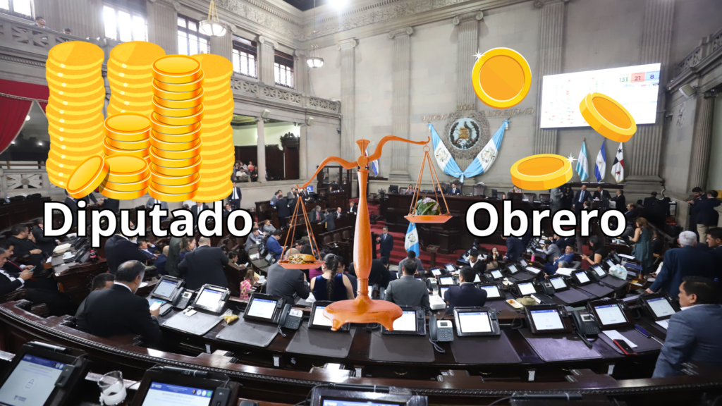 Diputados guatemaltecos durante una sesión plenaria mientras obreros trabajan en construcción con salario mínimo.