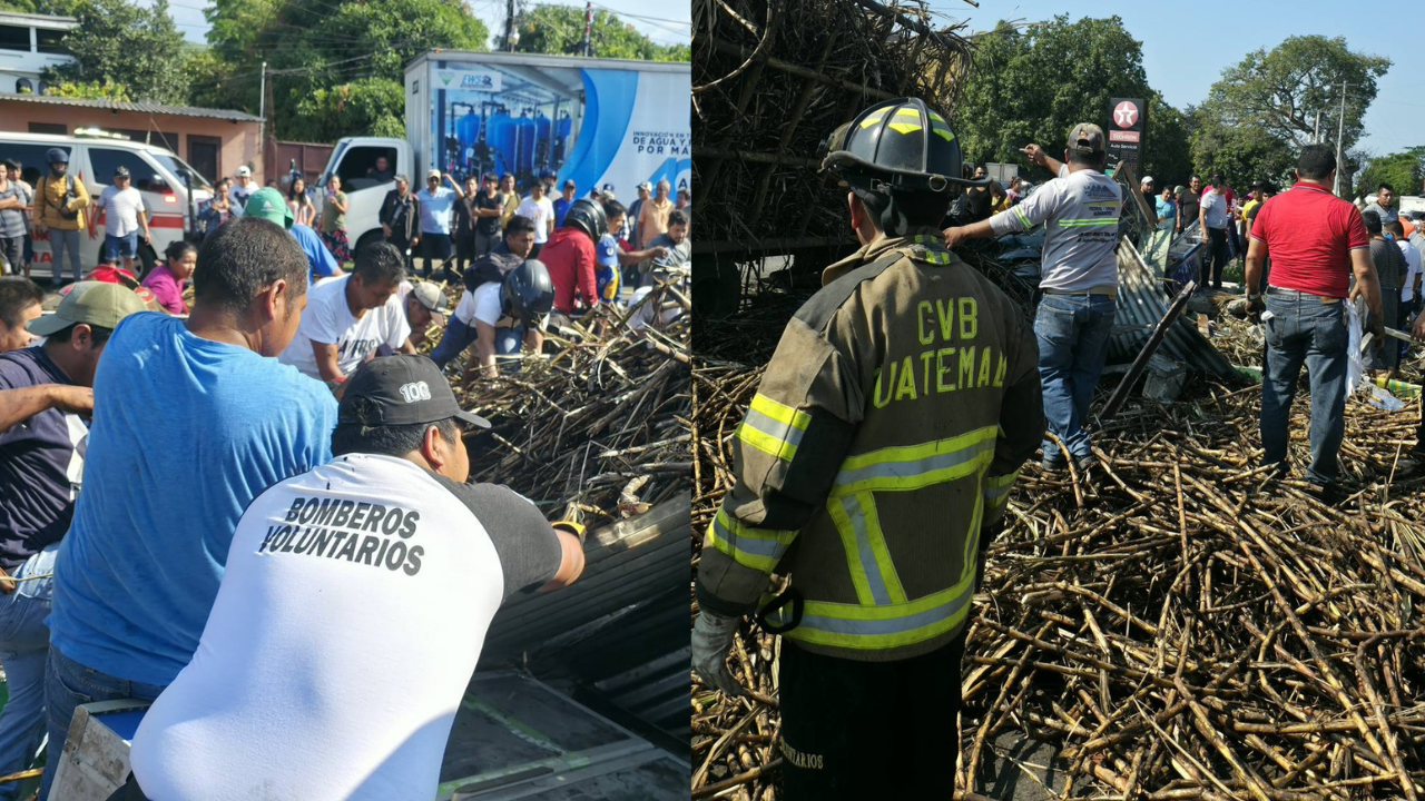 Camión cañero vuelca y deja varias personas atrapadas en ruta al Pacífico, Suchitepéquez