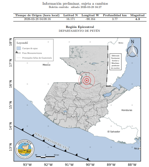 Sismo sacude el departamento de Petén en horas de la madrugada