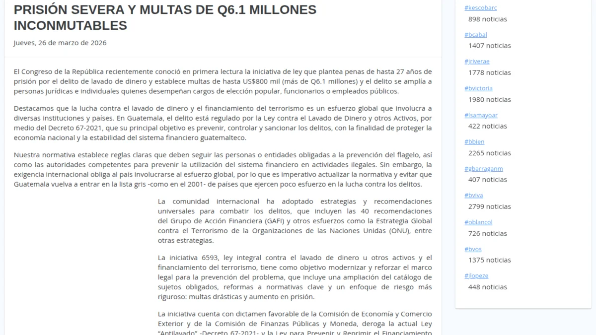 Sesión del Congreso de Guatemala durante análisis de iniciativa contra lavado de dinero