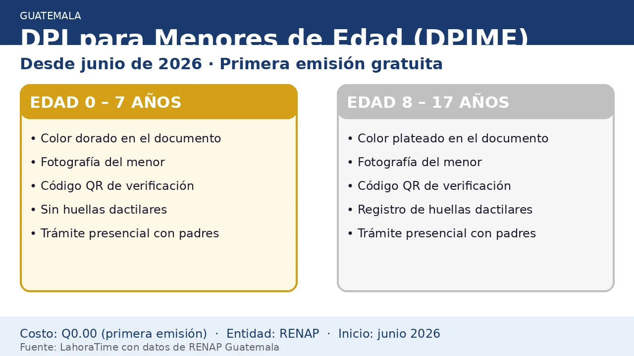 Infografía comparativa del DPI para menores en Guatemala: tarjeta dorada para 0-7 años y plateada para 8-17 años, con características de cada una
