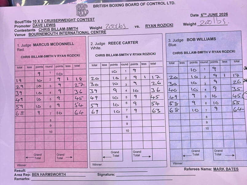 Scorecard oficial de Zuffa Boxing 07 con la victoria de Chris Billam-Smith sobre Ryan Rozicki por TKO tras el séptimo round