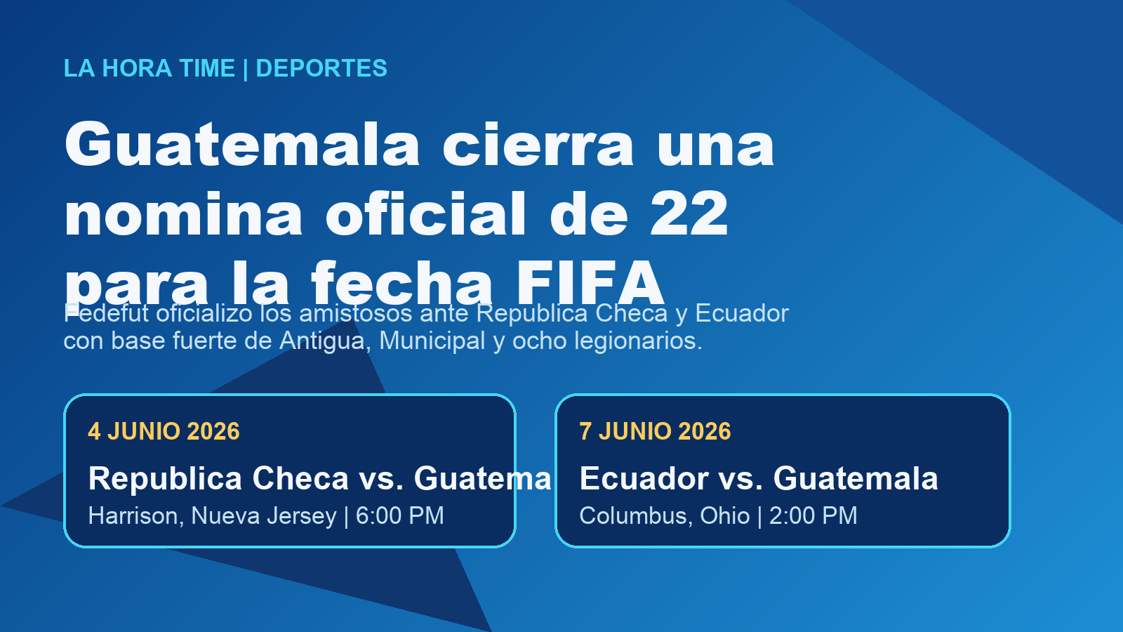 Grafico editorial de La Hora Time con las fechas y sedes de los amistosos de Guatemala contra Republica Checa y Ecuador