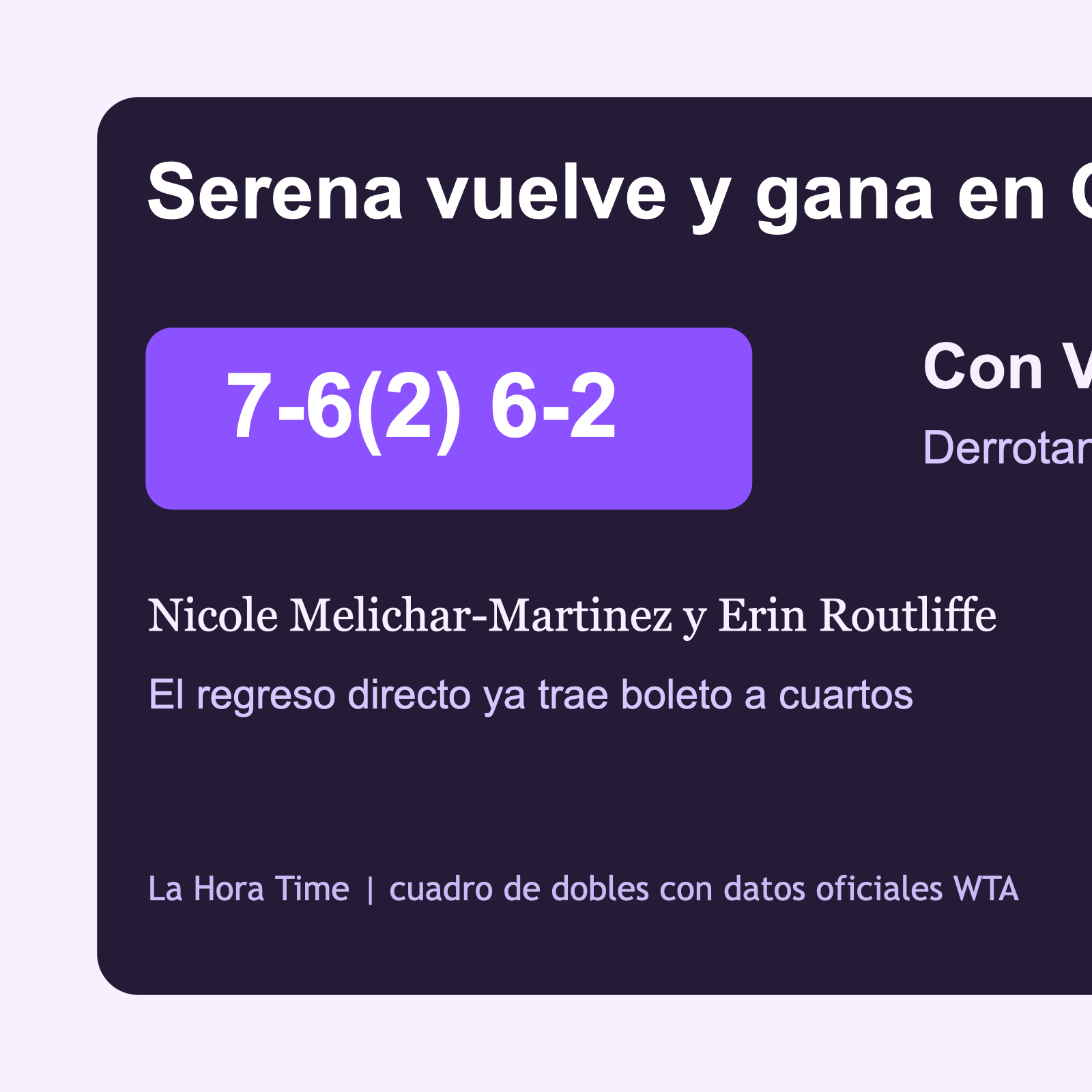 Gráfico editorial de La Hora Time con el triunfo de Serena Williams y Victoria Mboko por 7-6(2), 6-2 en Queen