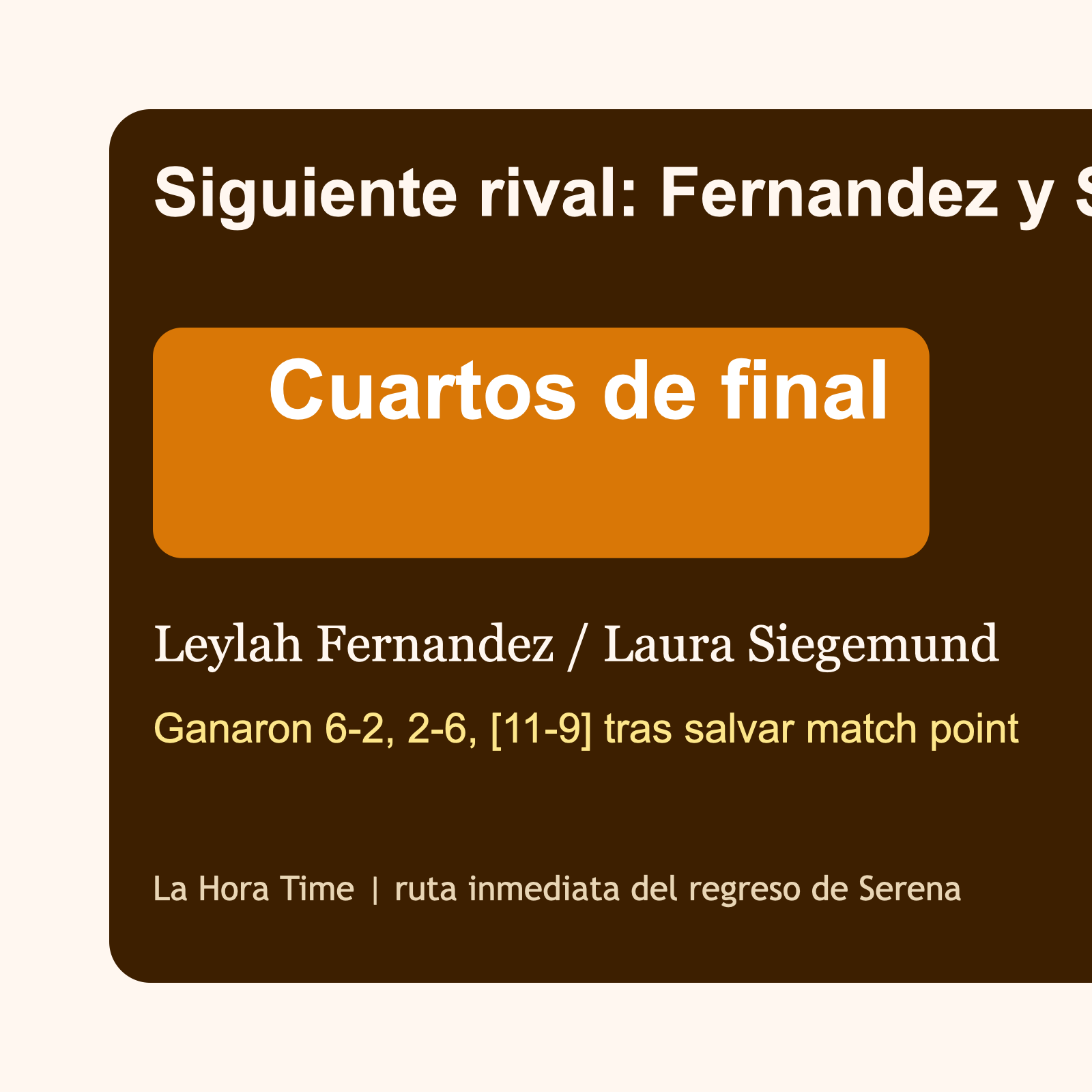 Gráfico editorial de La Hora Time con el cruce de cuartos de final de Serena Williams y Victoria Mboko en Queen