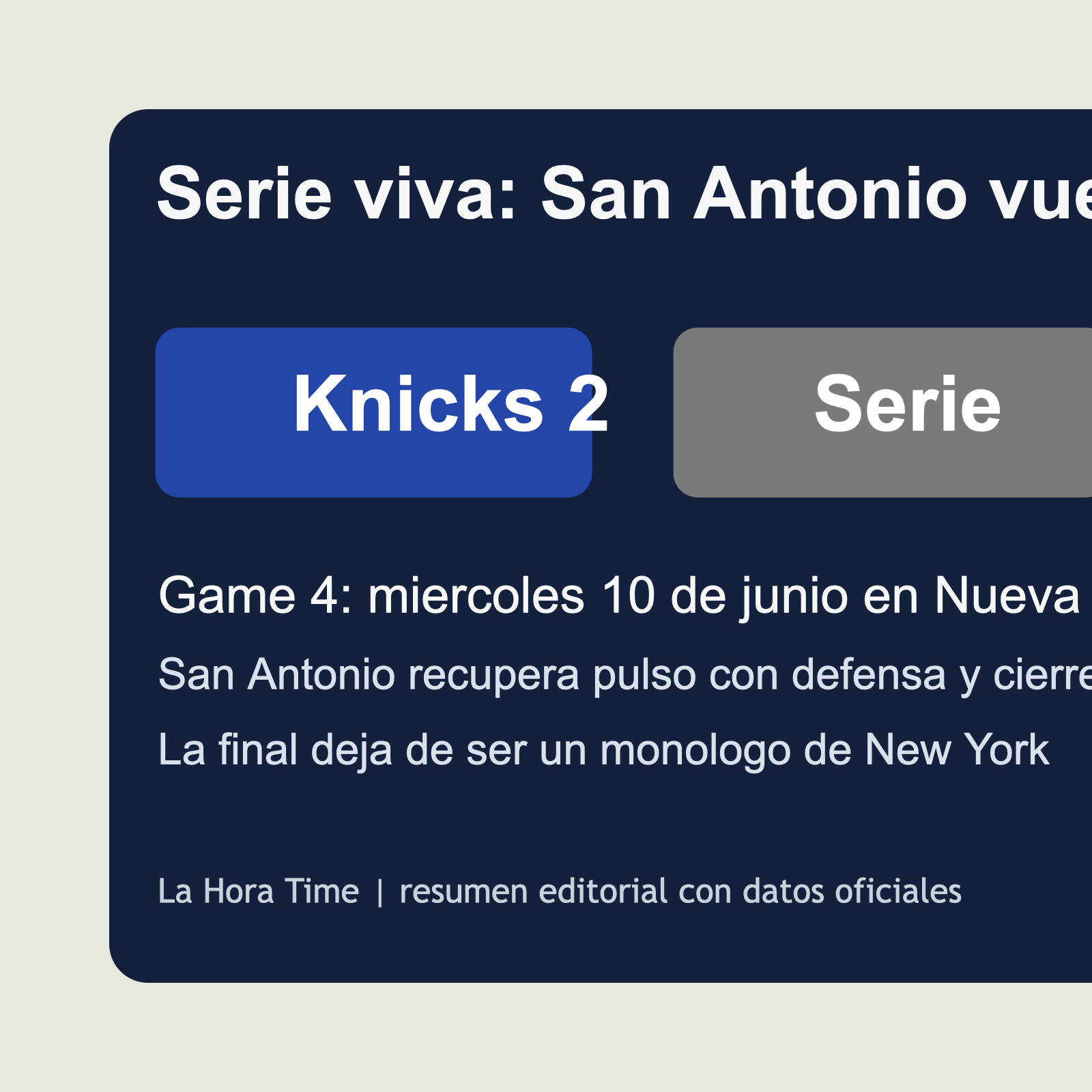 Gráfico editorial de La Hora Time con la serie 2-1 entre Knicks y Spurs tras el Juego 3 de las Finales NBA 2026